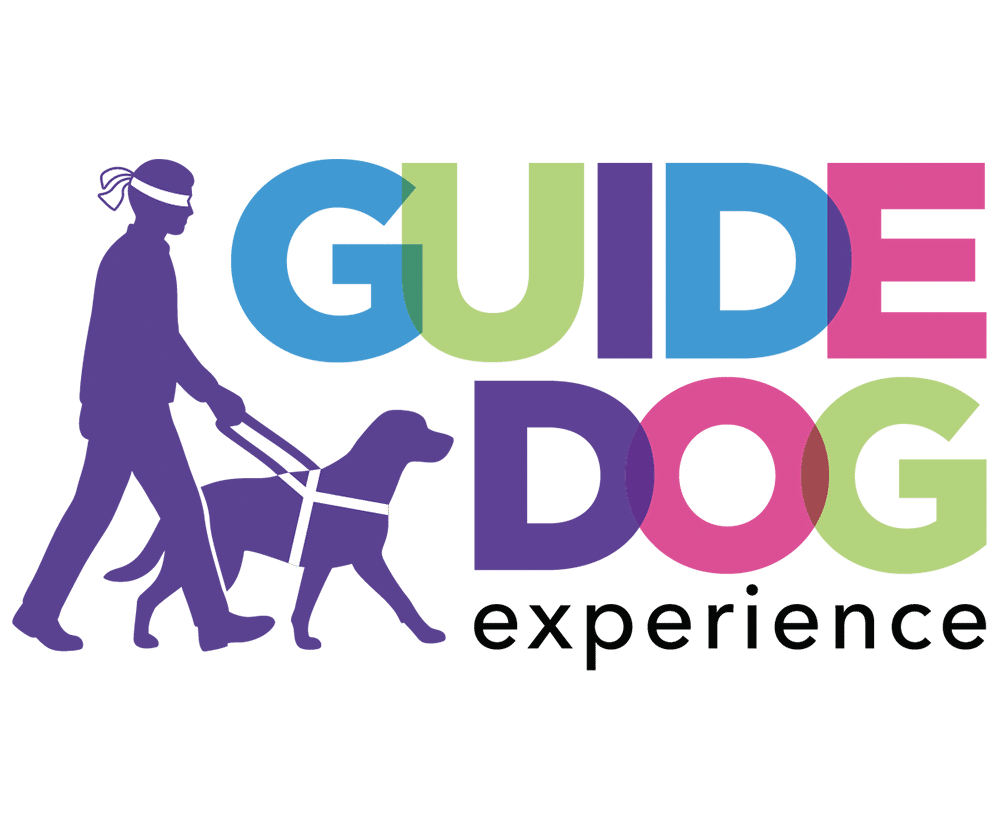 A colorful logo for "Guide Dog Experience" featuring an illustration of a visually-impaired man with a white blindfold man being guided by a dog with a white vest.