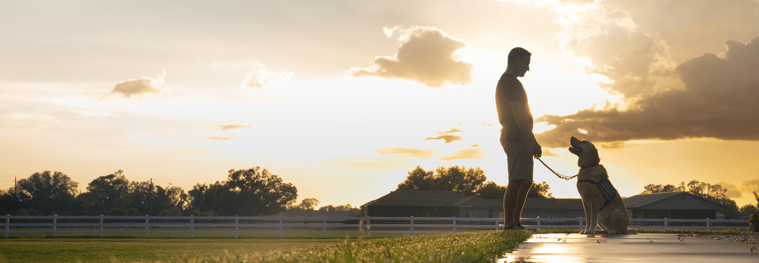 A man and a Labrador Retriever wearing a Dogs Inc service dog vest are silhouetted by a golden sunset on a farm.