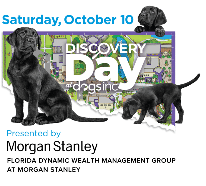 Transparent png promtional image for Discovery Day featuring three Black Labs, an illustrated map of Dogs Inc campus, the date of the event, and text that reads, "Morgan Stanley: Florida Dynamic Wealth Management Group At Morgan Stanley".
