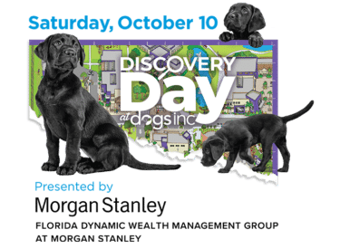 Transparent PNG of a promotional image for Discover Day featuring three black lab puppies, an illustrated map of the Dogs Inc campus, and information about the event including the date of the event (Saturday, October 10) and the sponsor (Florida Dynamic Wealth Management Group at Morgan Stanley).